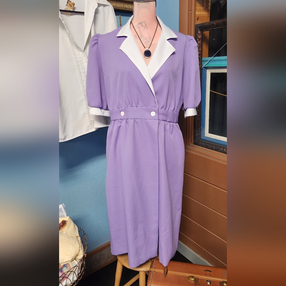 60s 70s Era Vintage Lilac Lady Carol polyester crossover button dress